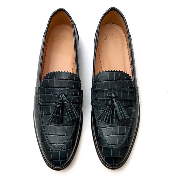 J Crew Dark Green Croc Embossed Leather 